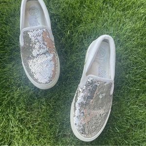 Tory Burch Carter Reversible White Silver Sequin Slip on Sneaker Shoes Size 6